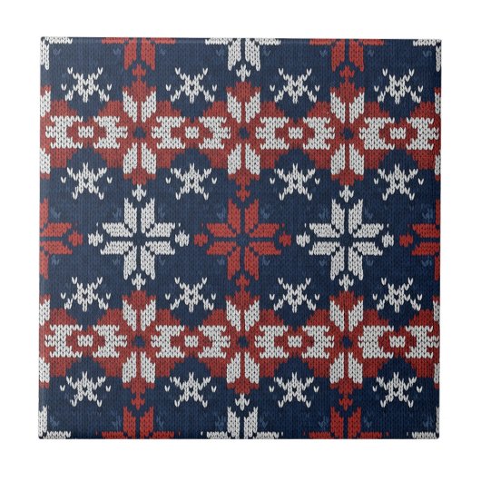 Nordisches Schneeflocken-Strickmuster in Navy, Rot Fliese (Vorderseite)