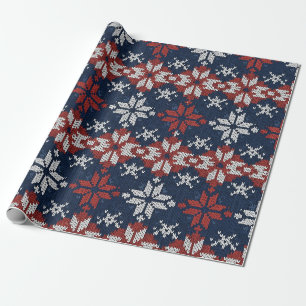 Nordisches Schneeflocken-Strickmuster in Navy, Rot Geschenkpapier