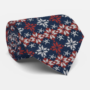 Nordisches Schneeflocken-Strickmuster in Navy, Rot Krawatte