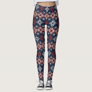 Nordisches Schneeflocken-Strickmuster in Navy, Rot Leggings