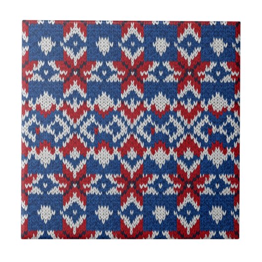 Nordisches Schneeflocken-Strickmuster - Navy, Rot, Fliese (Vorderseite)