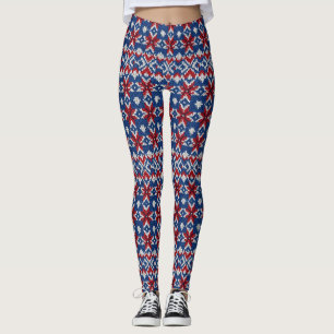 Nordisches Schneeflocken-Strickmuster - Navy, Rot, Leggings