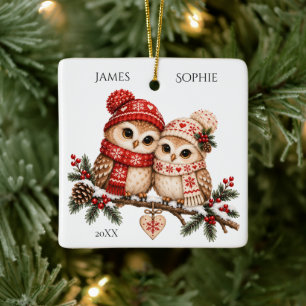 Nordisches Weihnachts-Eulen-Paar Skandinavischer W Keramikornament