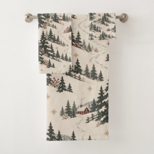 Nordisches Weihnachts-Schneewald-Rotes-Cottage-Mus Badhandtuch Set