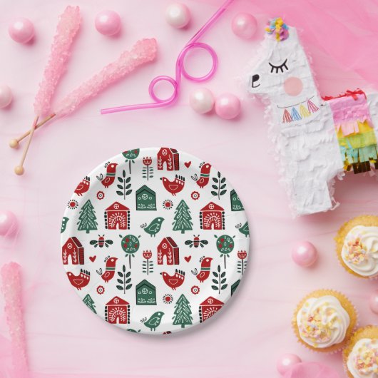 Nordisches Weihnachtsmuster (Red & Green) Pappteller (Party)