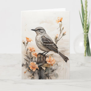Nördlicher Spottdrossel, der unter Blumen ruht, Bl Karte