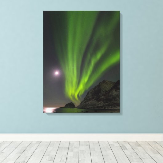 Nordlicht | Haukland Beach Island Norwegen Leinwanddruck (Insitu (Holzboden))