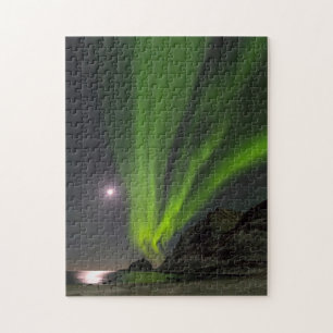 Nordlicht Haukland Strand Insel Norwegen Puzzle