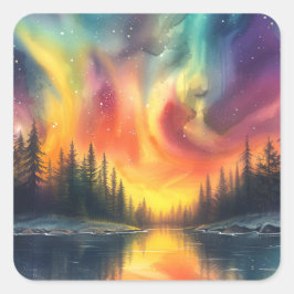 Nordlichter am See mit Sternen Quadratischer Aufkleber
