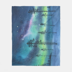 Nordlichter, Aquarelllandschaft Fleecedecke