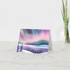 Nordlichter - farbenfrohe Winternacht | Aquarell Feiertagskarte