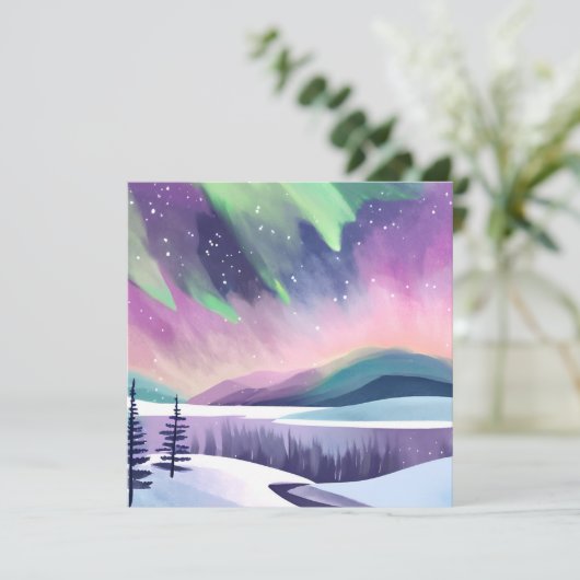 Nordlichter - farbenfrohe Winternacht | Aquarell Karte (Stehend Vorderseite)