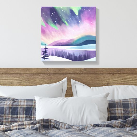 Nordlichter - farbenfrohe Winternacht | Aquarell Leinwanddruck (Insitu (Schlafzimmer))
