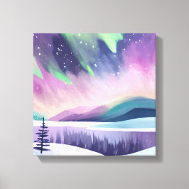 Nordlichter - farbenfrohe Winternacht | Aquarell Leinwanddruck