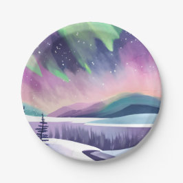 Nordlichter - farbenfrohe Winternacht | Aquarell Pappteller