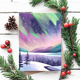 Nordlichter - farbenfrohe Winternacht | Aquarell Postkarte