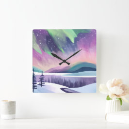 Nordlichter - farbenfrohe Winternacht | Aquarell Quadratische Wanduhr