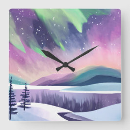 Nordlichter - farbenfrohe Winternacht | Aquarell Quadratische Wanduhr