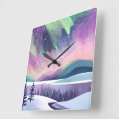Nordlichter - farbenfrohe Winternacht | Aquarell Quadratische Wanduhr (Winkel)