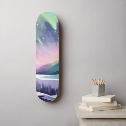 Nordlichter - farbenfrohe Winternacht | Aquarell Skateboard (Wandkunst)