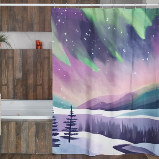 Nordlichter Farbige Winternacht Aquarell Duschvorhang