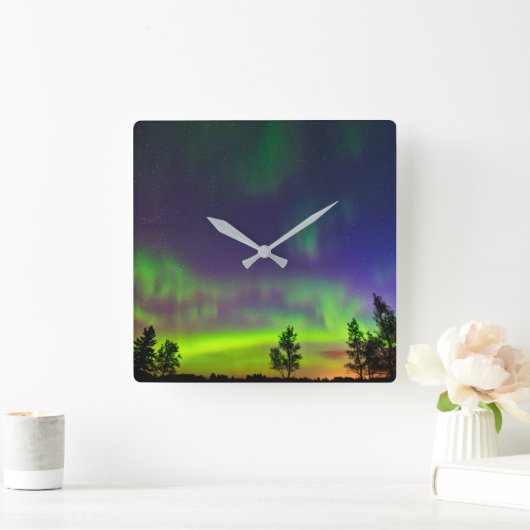 Nordlichter | Manitoba Kanada Quadratische Wanduhr (Zuhause)
