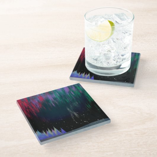 Nordlichter Moderne Landschaft Glasuntersetzer (Schrägansicht)