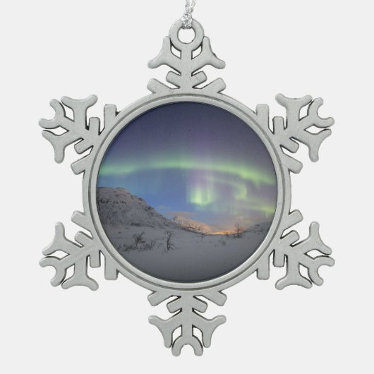 Nordlichter Norwegen Schneeflocken Zinn-Ornament (Vorderseite)