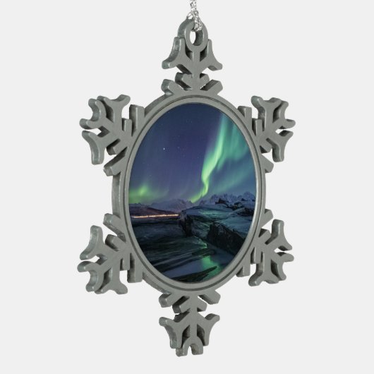 Nordlichter Norwegen Schneeflocken Zinn-Ornament (Links)