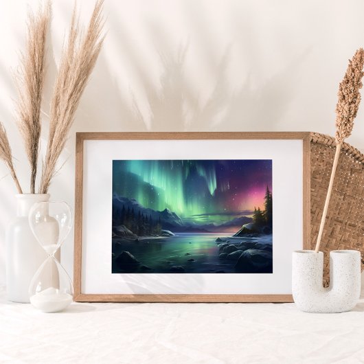 Nordlichter Seascape Mountains Wasserfarbe Poster