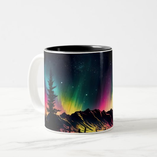 Nordlichter über den Bergspitzen Zweifarbige Tasse (Vorderseite Links)