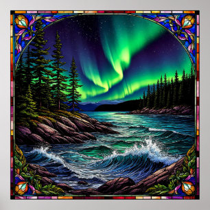 Nordlichter über einer lebendigen Küstenlandschaft Poster