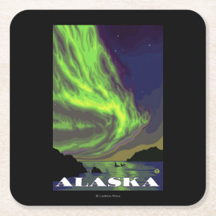 Nordlichter und Orcas-Vintage Reise Rechteckiger Pappuntersetzer
