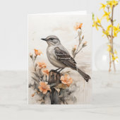 Nordmockingvogel, der zwischen Blume ruht, blau Karte (Gelbe Blume)