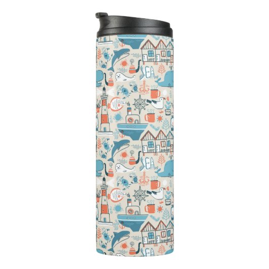 Nordsee-niedliches Gekritzel-Muster Thermosbecher (Nach rechts gedreht)