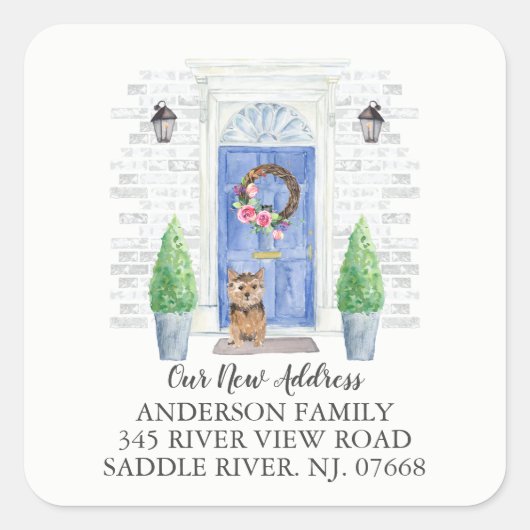 Norfolk Terrier Blue Door New Address Label Quadratischer Aufkleber (Vorderseite)