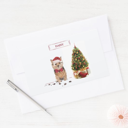 Norfolk Terrier Funny Christmas Dog mit Baum Rechteckiger Aufkleber (Umschlag)