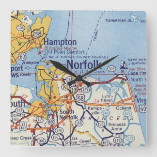 Norfolk Virginia Vintage Karte Quadratische Wanduhr