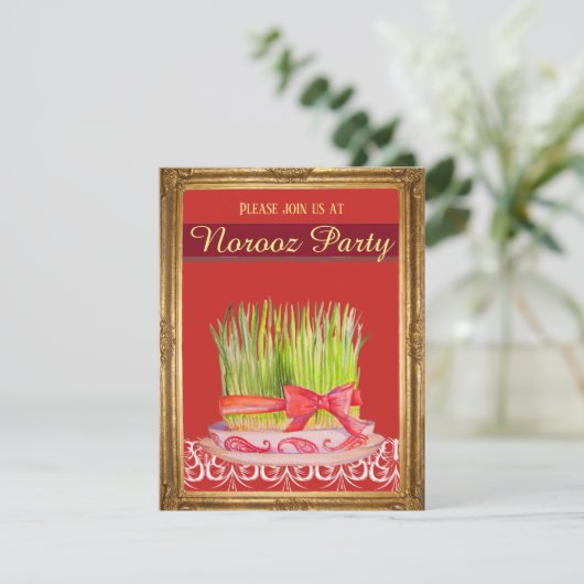 Norooz Party Red Sabzeh Weizengras Einladung (Stehend Vorderseite)