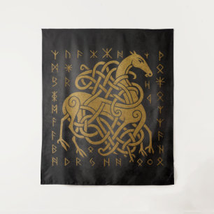 Norse Rune Circle - Golden Viking Horn D Wandteppich