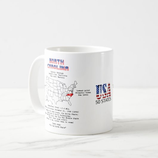 North Carolina American Staat auf einer Karte mit  Kaffeetasse (Vorderseite Links)
