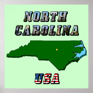 North Carolina Map Kontur, Foto und US Flag Text Poster