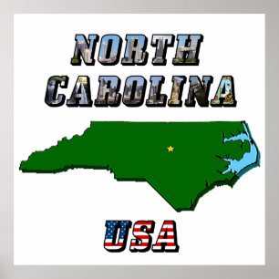 North Carolina Map Kontur, Foto und US Flag Text Poster