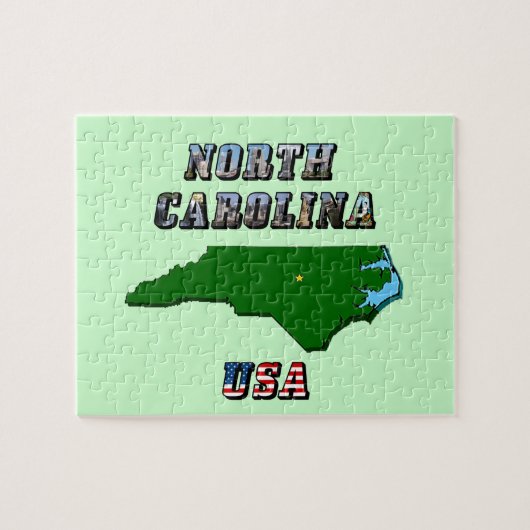 North Carolina Map Kontur, Foto und US Flag Text Puzzle (Horizontal)