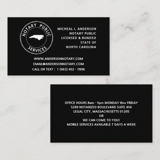 North Carolina Notare Public Services Visitenkarte (Vorne/Hinten)