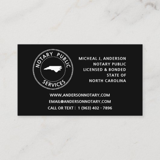 North Carolina Notare Public Services Visitenkarte (Vorderseite)