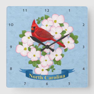 North Carolina Staat Kardinal Bird Dogwood Blume Quadratische Wanduhr