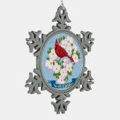 North Carolina Staat Kardinal Bird Dogwood Blume Schneeflocken Zinn-Ornament (Links)