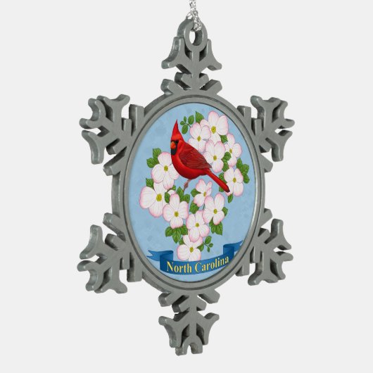 North Carolina Staat Kardinal Bird Dogwood Blume Schneeflocken Zinn-Ornament (Links)
