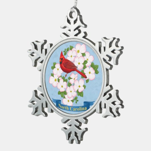 North Carolina Staat Kardinal Bird Dogwood Blume Schneeflocken Zinn-Ornament (Rechts)